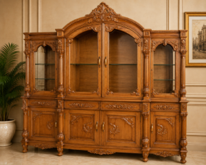 Royal Hand-Carved Solid Wood Display Cabinet | Luxury Wooden Crockery & Showcase Unit