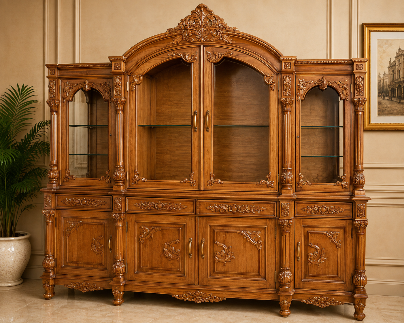 Royal Hand-Carved Solid Wood Display Cabinet | Luxury Wooden Crockery & Showcase Unit