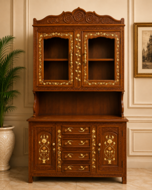 Handcrafted Sheesham Wood Kitchen Hutch Cabinet with Brass Inlay | Traditional Wooden Crockery & Storage Cabinet