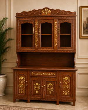 Handcrafted Sheesham Wood Kitchen Hutch Cabinet with Brass Floral Inlay | Traditional Wooden Crockery Display Unit
