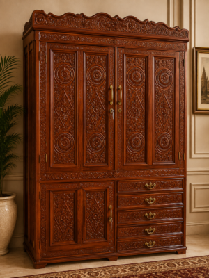 Handcrafted Sheesham Wood Wardrobe with Intricate Carving | Traditional Wooden Almirah with Drawers
