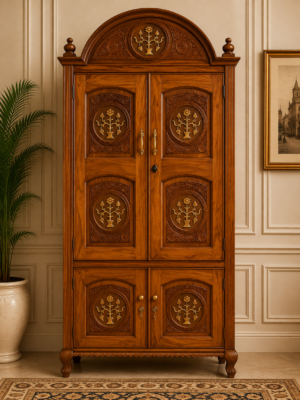 Handcrafted Sheesham Wood Wardrobe with Brass Inlay | Traditional 2-Door Wooden Almirah