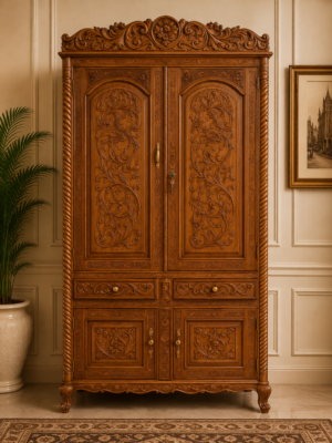 Handcrafted Sheesham Wood Carved Wardrobe | Traditional Solid Wood Bedroom Almirah