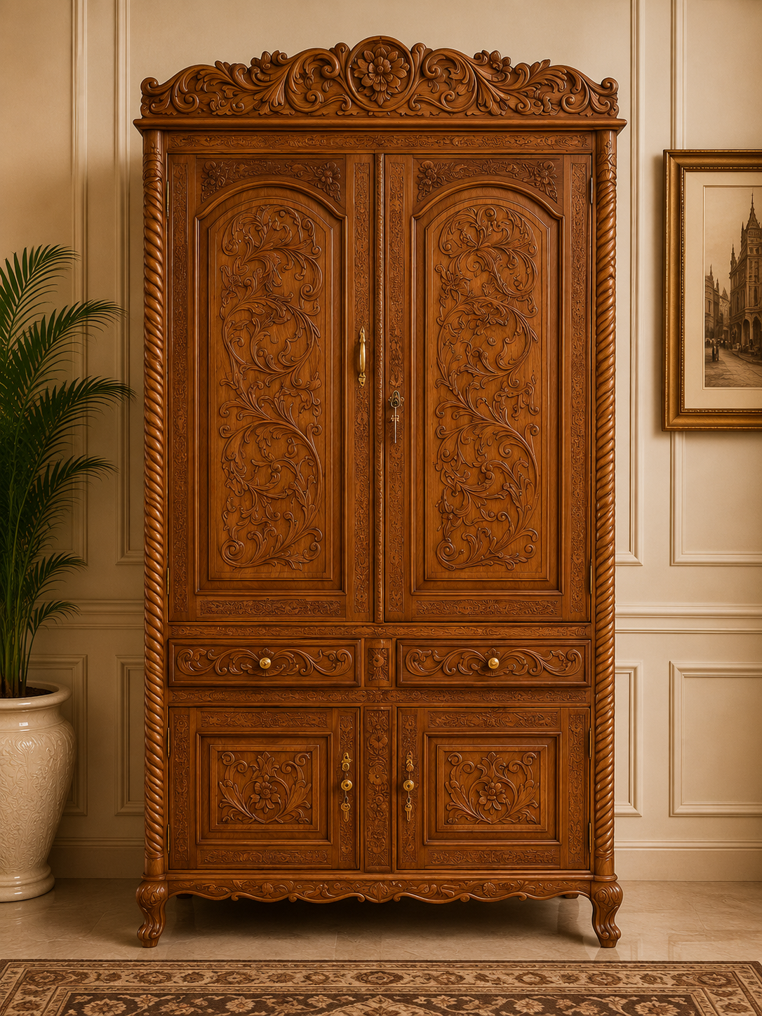 Handcrafted Sheesham Wood Carved Wardrobe | Traditional Solid Wood Bedroom Almirah