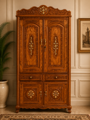 Handcrafted Sheesham Wood Wardrobe with Brass Inlay | Traditional Solid Wood 2-Door Almirah