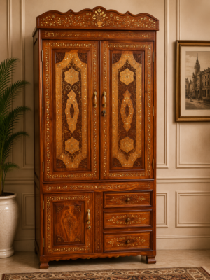 Handcrafted Sheesham Wood Brass Inlay Wardrobe | Solid Wood 2-Door Almirah with Drawers