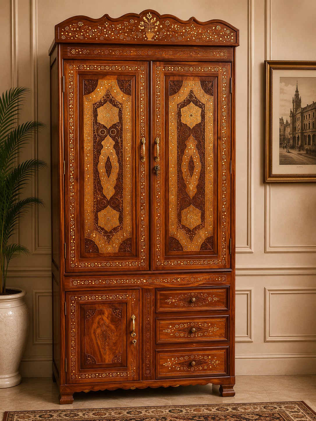 Handcrafted Sheesham Wood Brass Inlay Wardrobe | Solid Wood 2-Door Almirah with Drawers