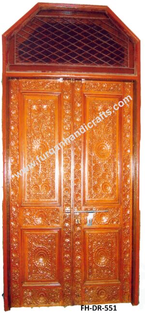 Royal Hand-Carved Wooden Double Door with Upper Lattice – FH-DR-551
