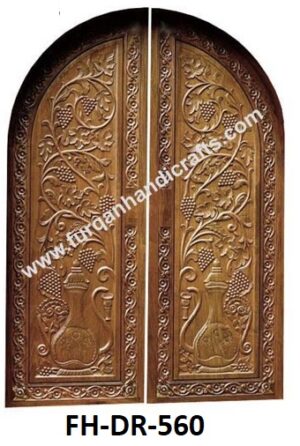 Arched Hand-Carved Wooden Double Door with Grape Motif – FH-DR-560