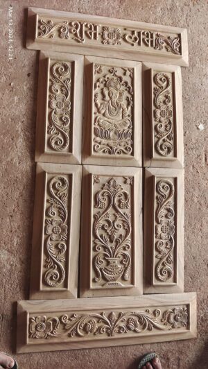 Hand-Carved Ganesha & Floral Wooden Door Panel Set