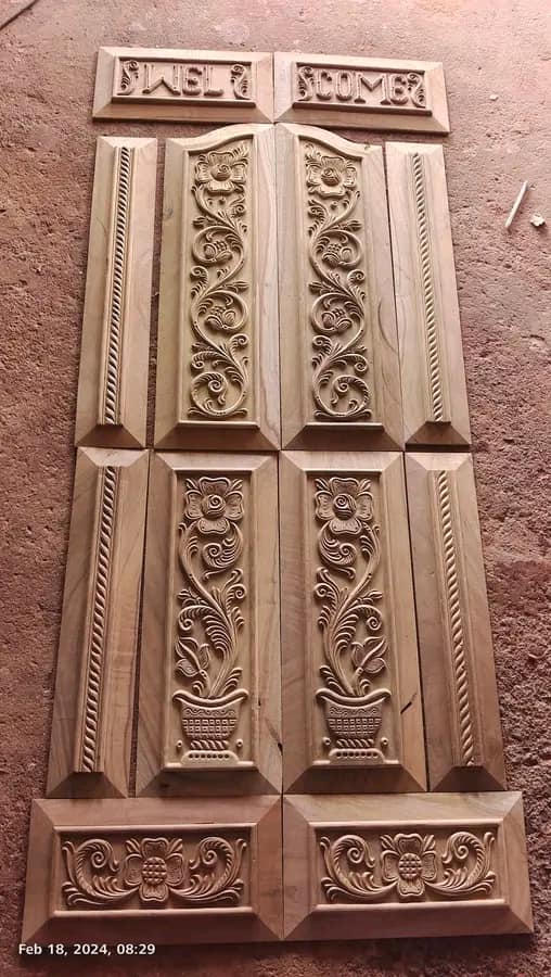 Hand-Carved Floral Wooden Door Panel Set