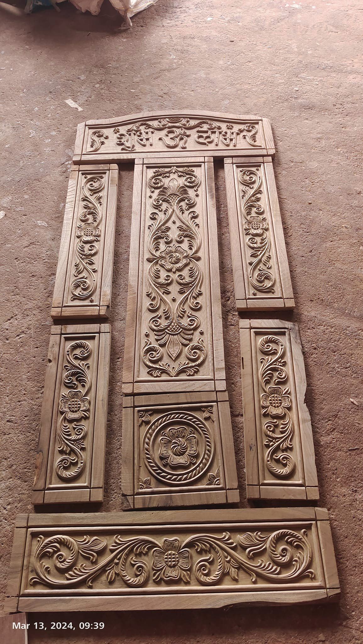 Hand-Carved Floral Wooden Door Panel Set with Decorative Border