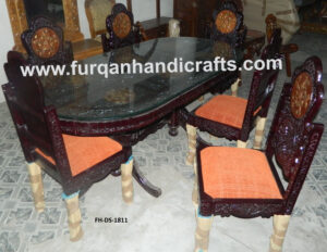 Royal Hand-Carved Solid Wood 6-Seater Dining Table Set with Glass Top