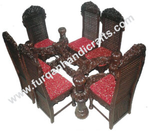 Royal Hand-Carved Wooden Dining Table Set with Cane Chairs