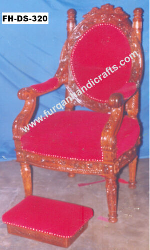 Royal Hand-Carved Upholstered Wooden Armchair with Footstool